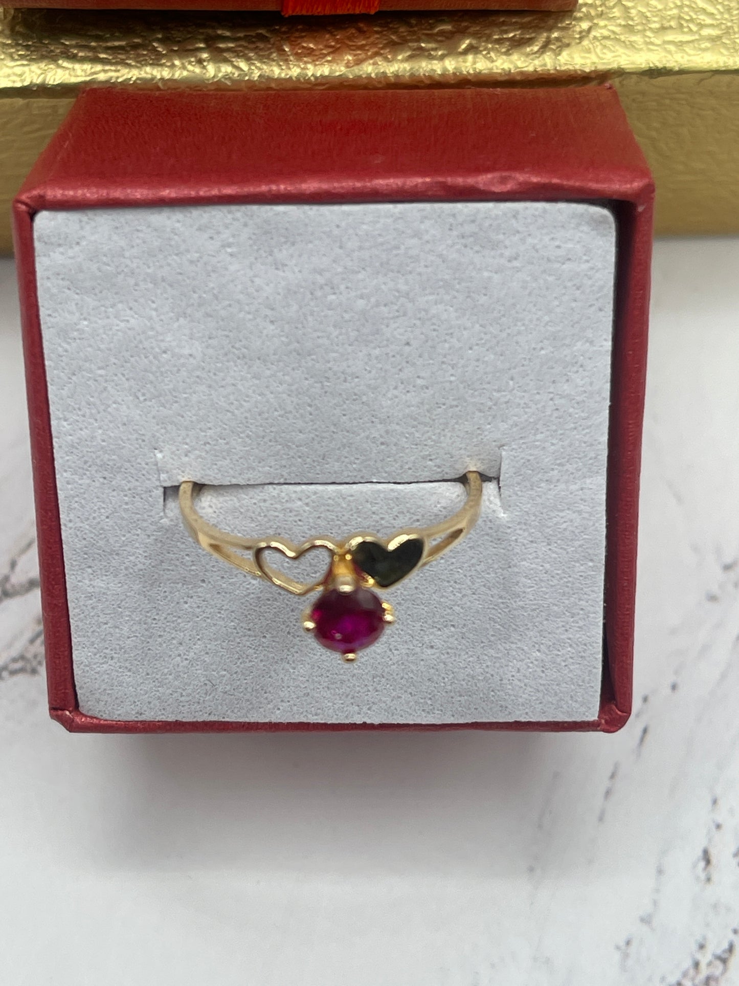 Hearts Cz Ruby Ring 14k