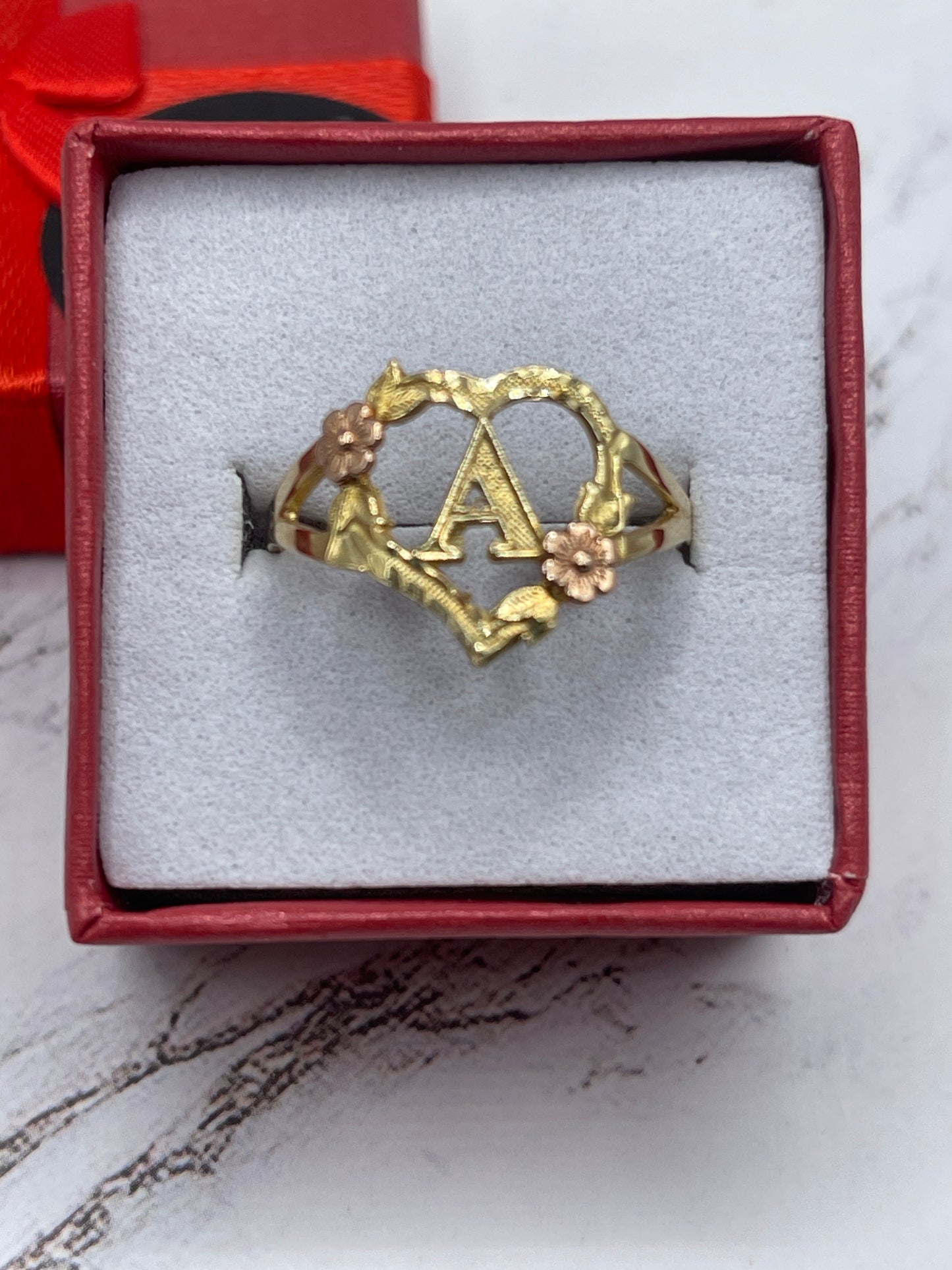 Heart with Rose Letter A Ring 14k