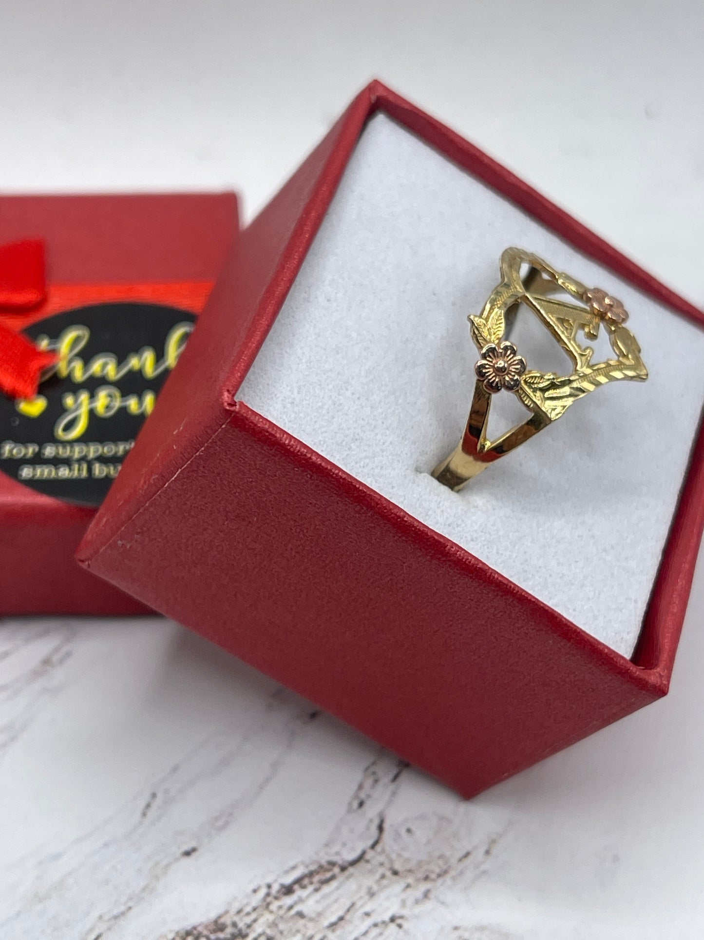 Heart with Rose Letter A Ring 14k