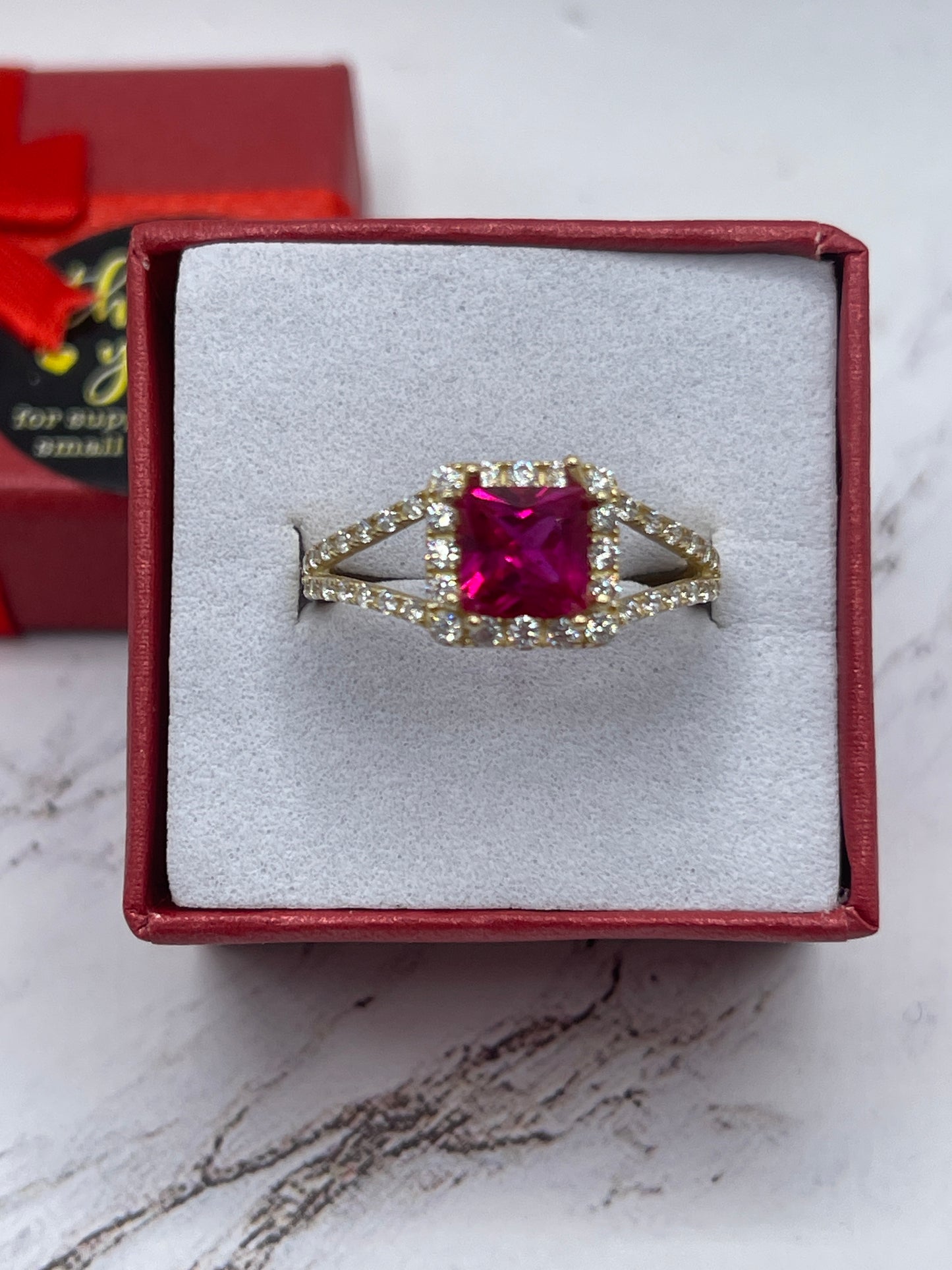 Square Top Cz Ruby Ring 14k