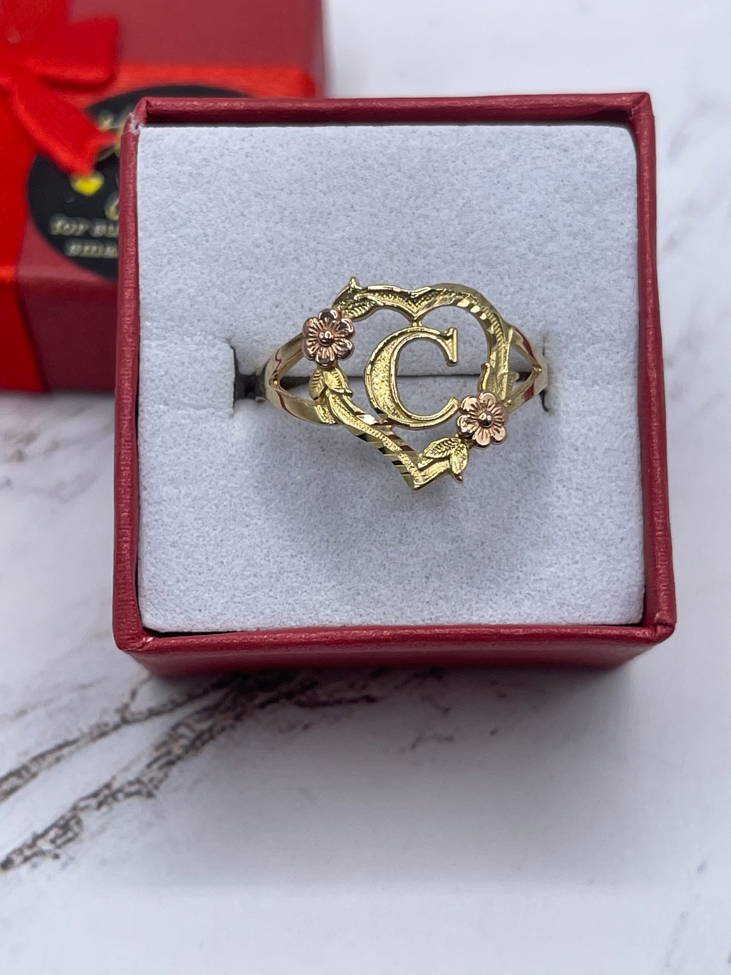 Heart & Rose Letter C Ring 14k