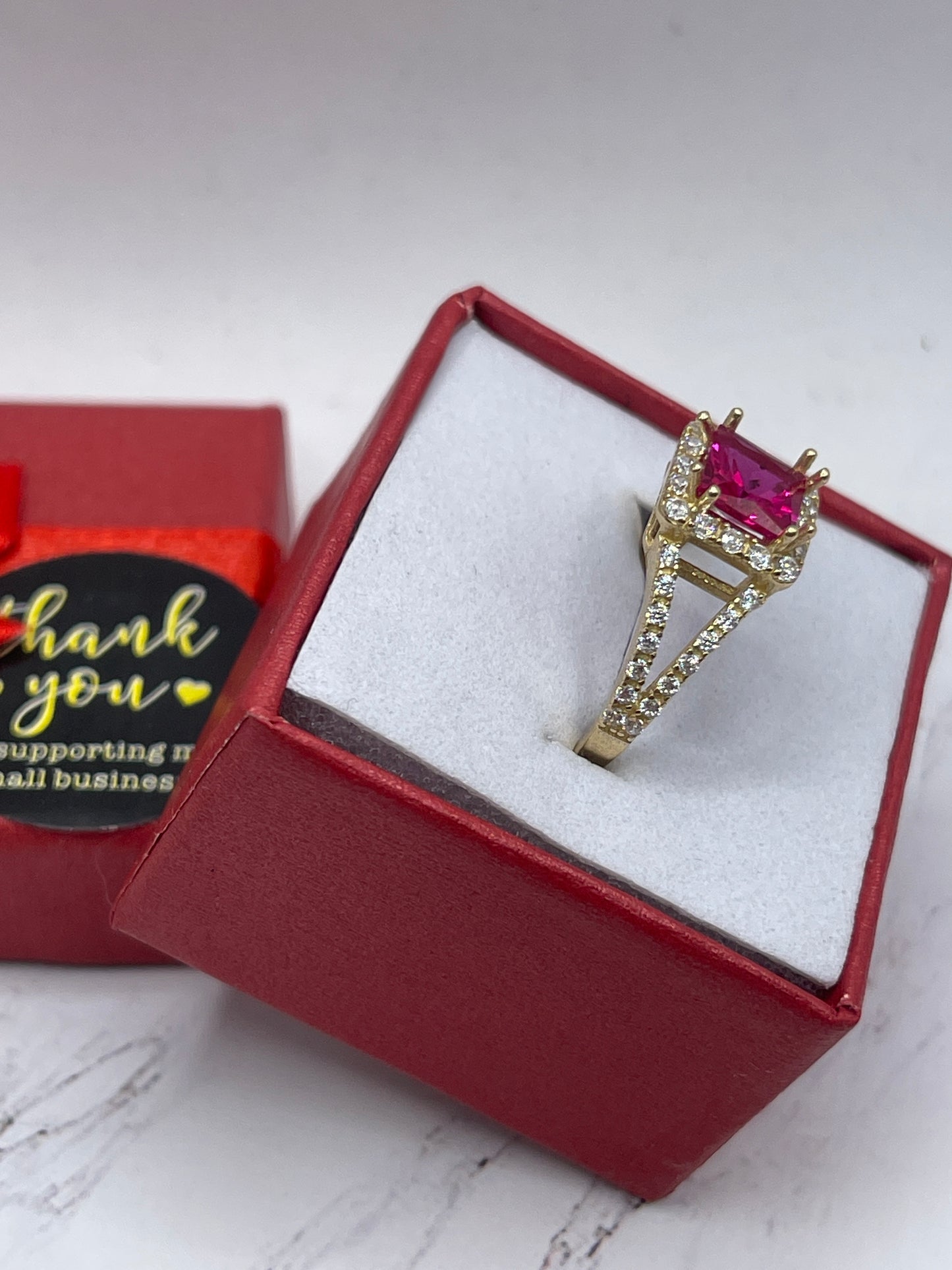Square Top Cz Ruby Ring 14k