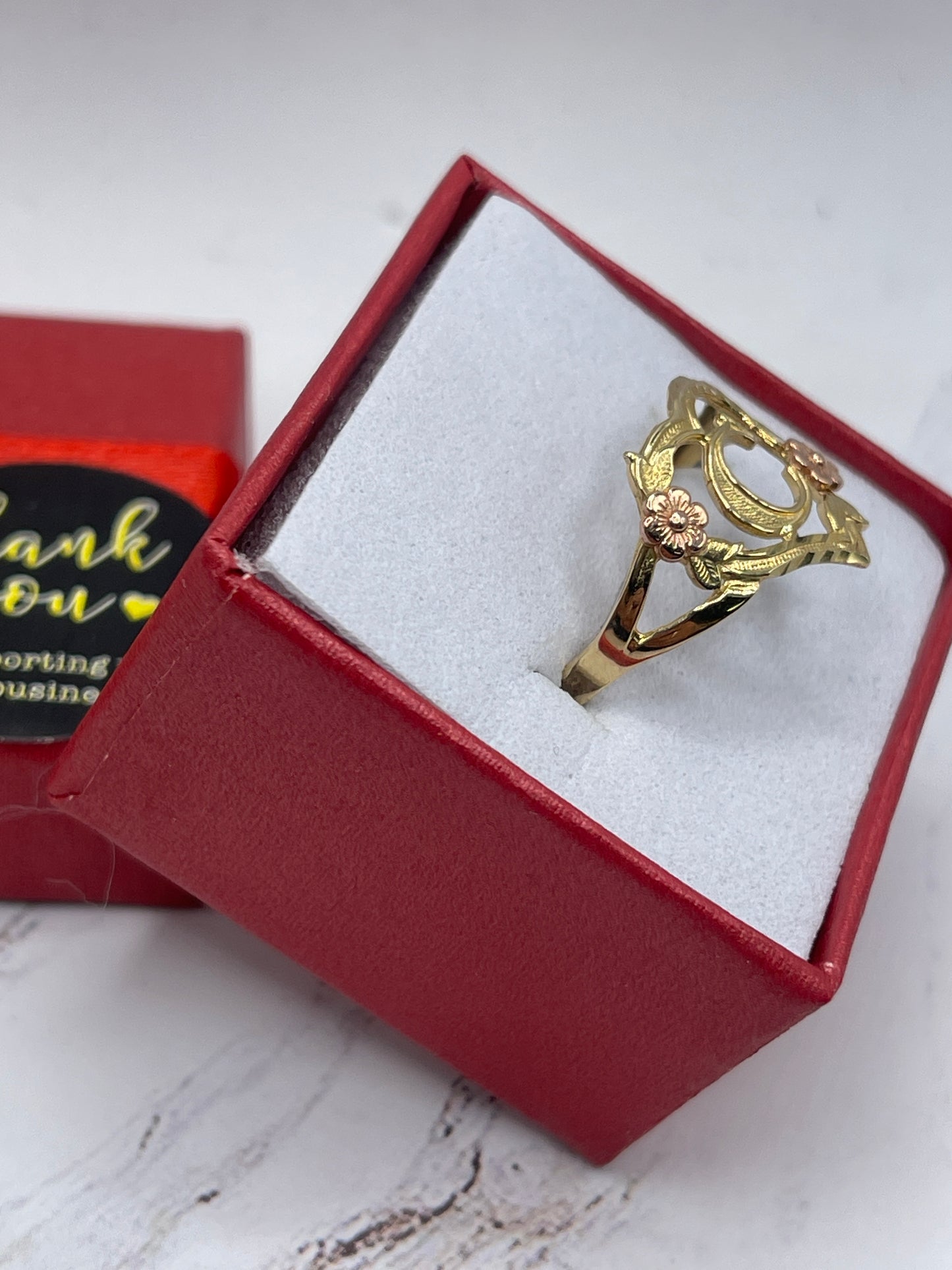 Heart & Rose Letter C Ring 14k