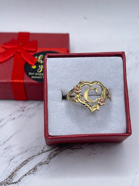 Heart & Rose Letter C Ring 14k