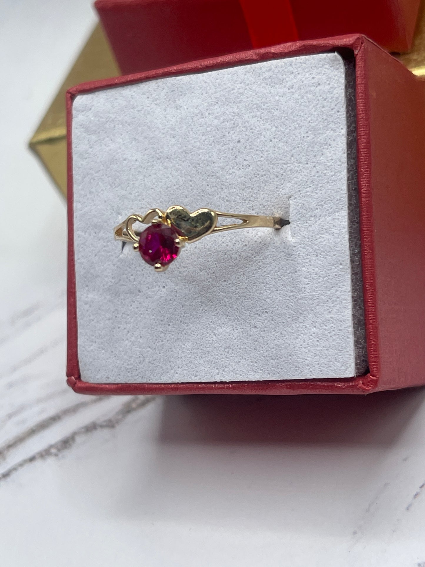 Hearts Cz Ruby Ring 14k