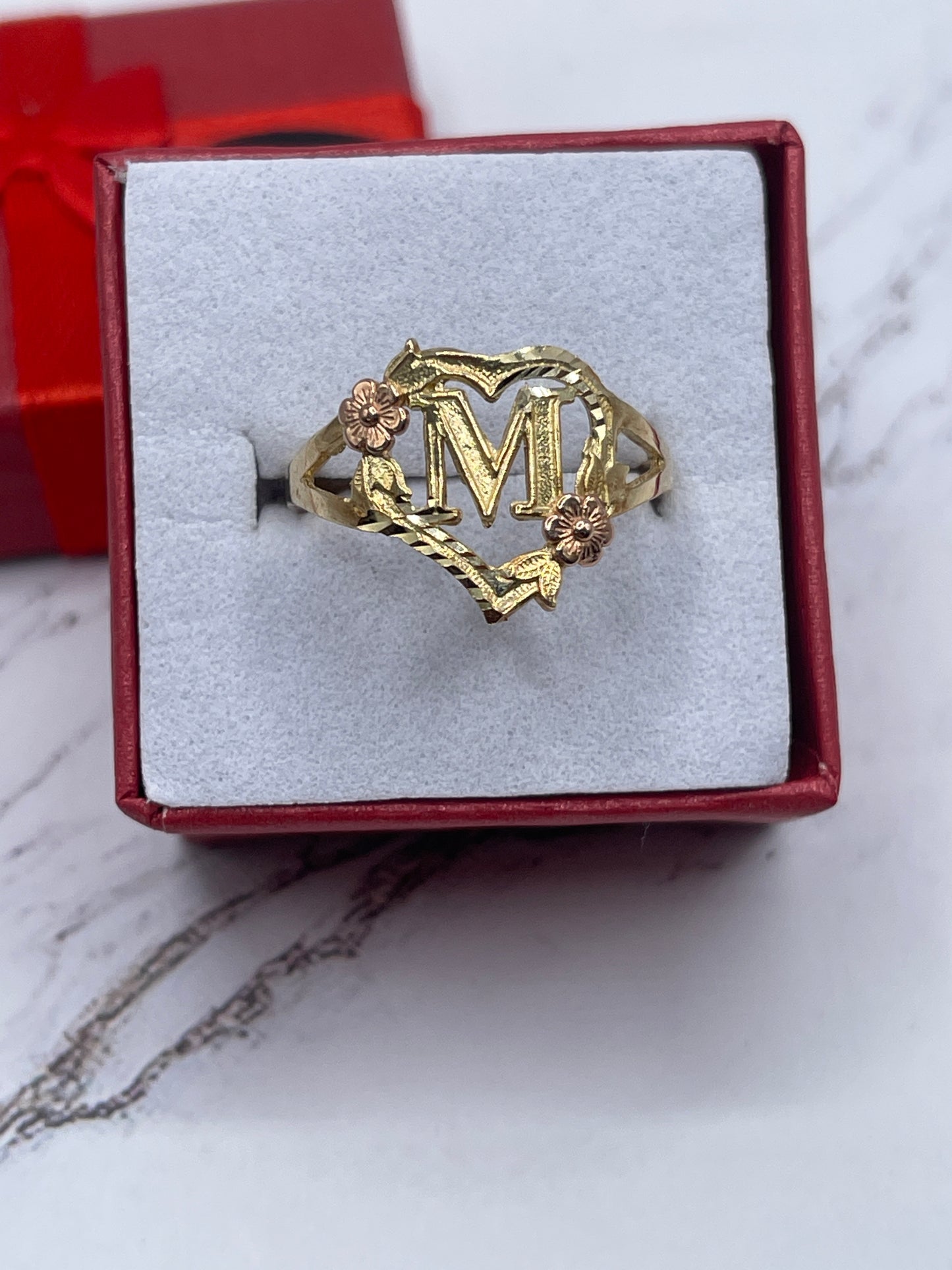 Heart & Rose Letter M Ring 14k
