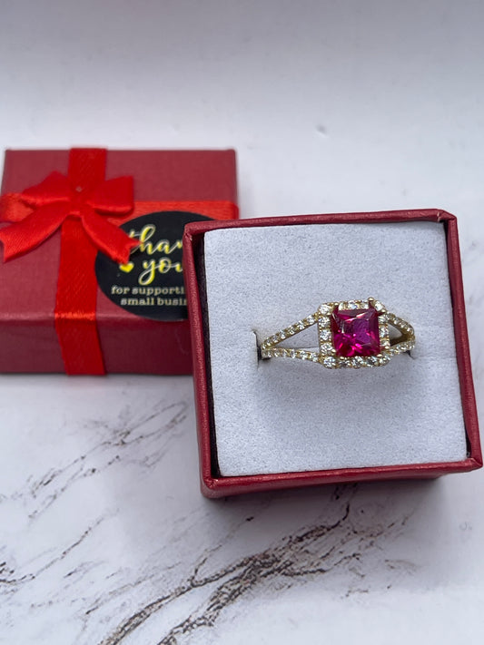 Square Top Cz Ruby Ring 14k