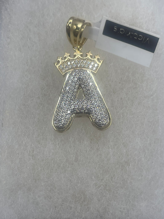 Letter A Crown Cz Pendent 10k