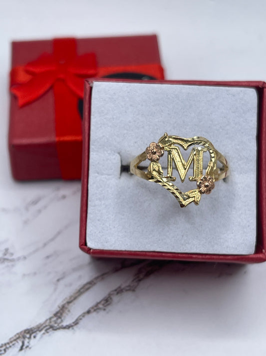 Heart & Rose Letter M Ring 14k
