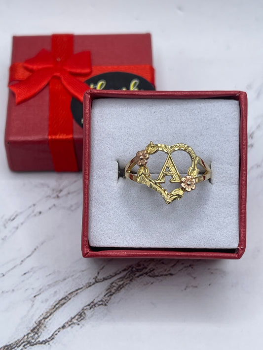 Heart with Rose Letter A Ring 14k